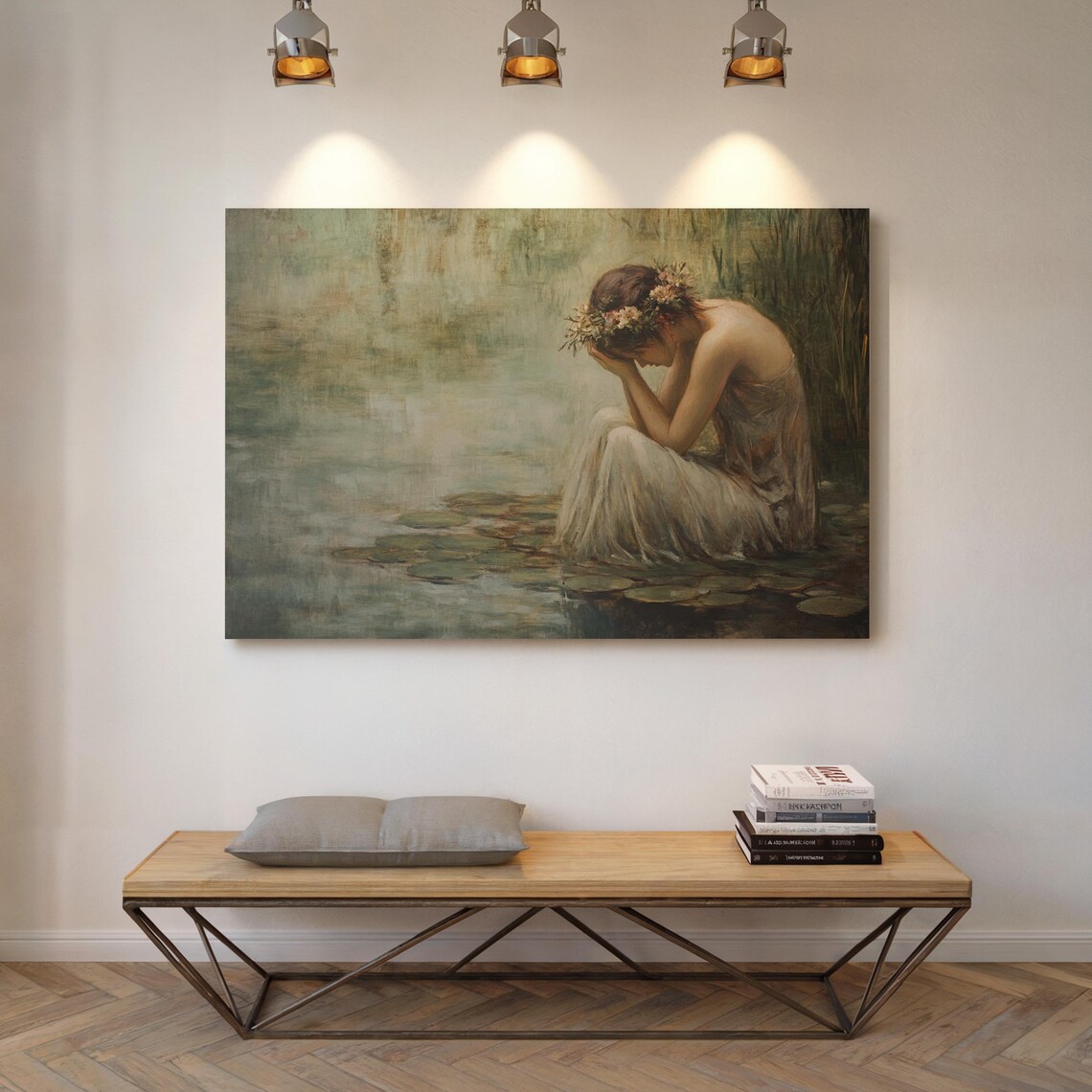 Melancholic Woman with Flower Crown Sitting Among Lily Pads Poster - Image 6