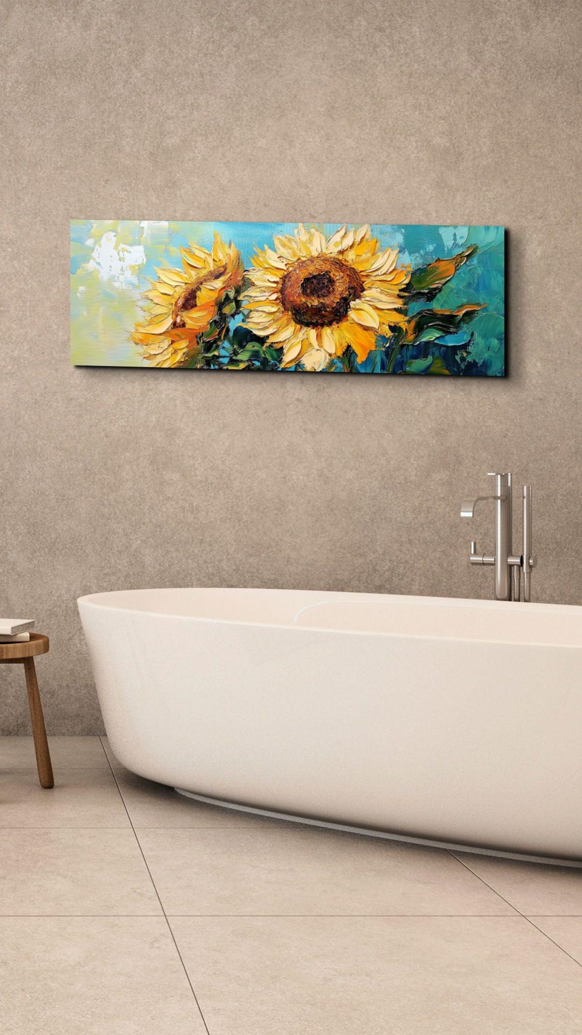 Two Large Sunflowers Golden Teal Impasto Panoramic Art Poster - Image 3