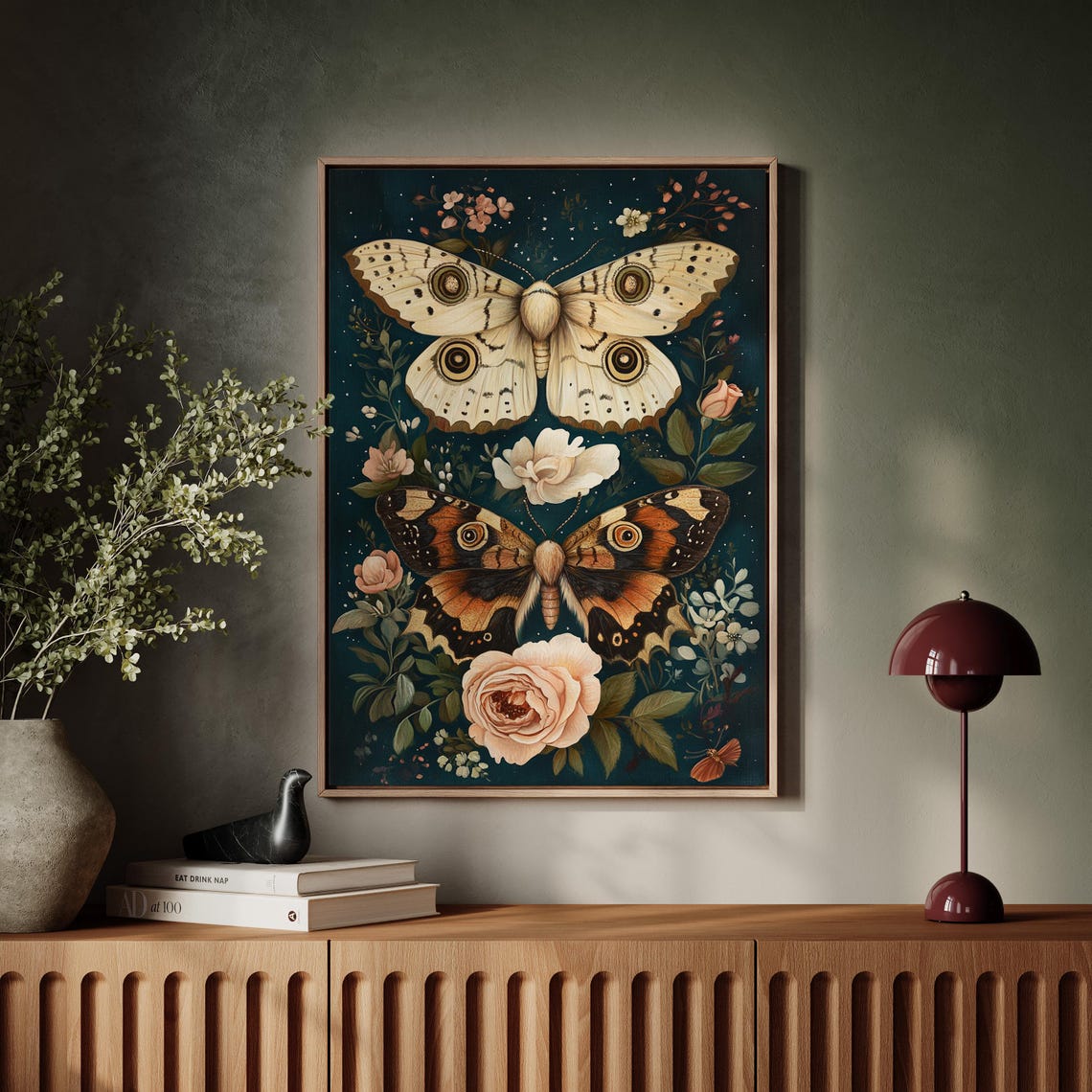 Vintage Moth Duo With Roses On Dark Teal Starry Botanical Art Poster