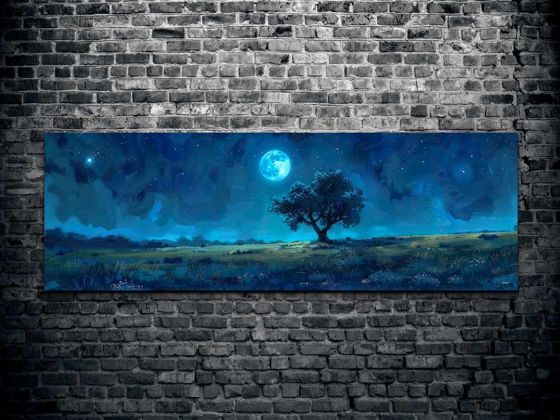 Moonlit Tree Horizon Under Starry Night Sky Panoramic Art Poster - Image 2