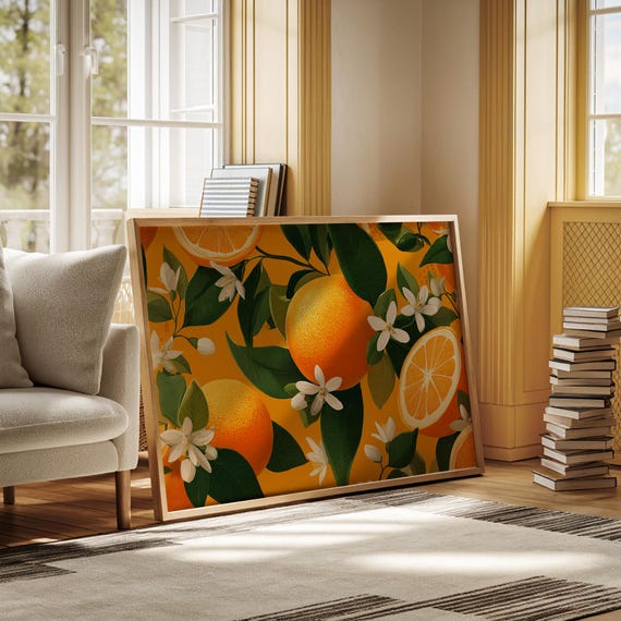 Citrus Orange Blossom Canvas Wall Art Vibrant Fruit And Floral Kitchen Decor Bright Summer Botanical Painting For Fresh Home Style
