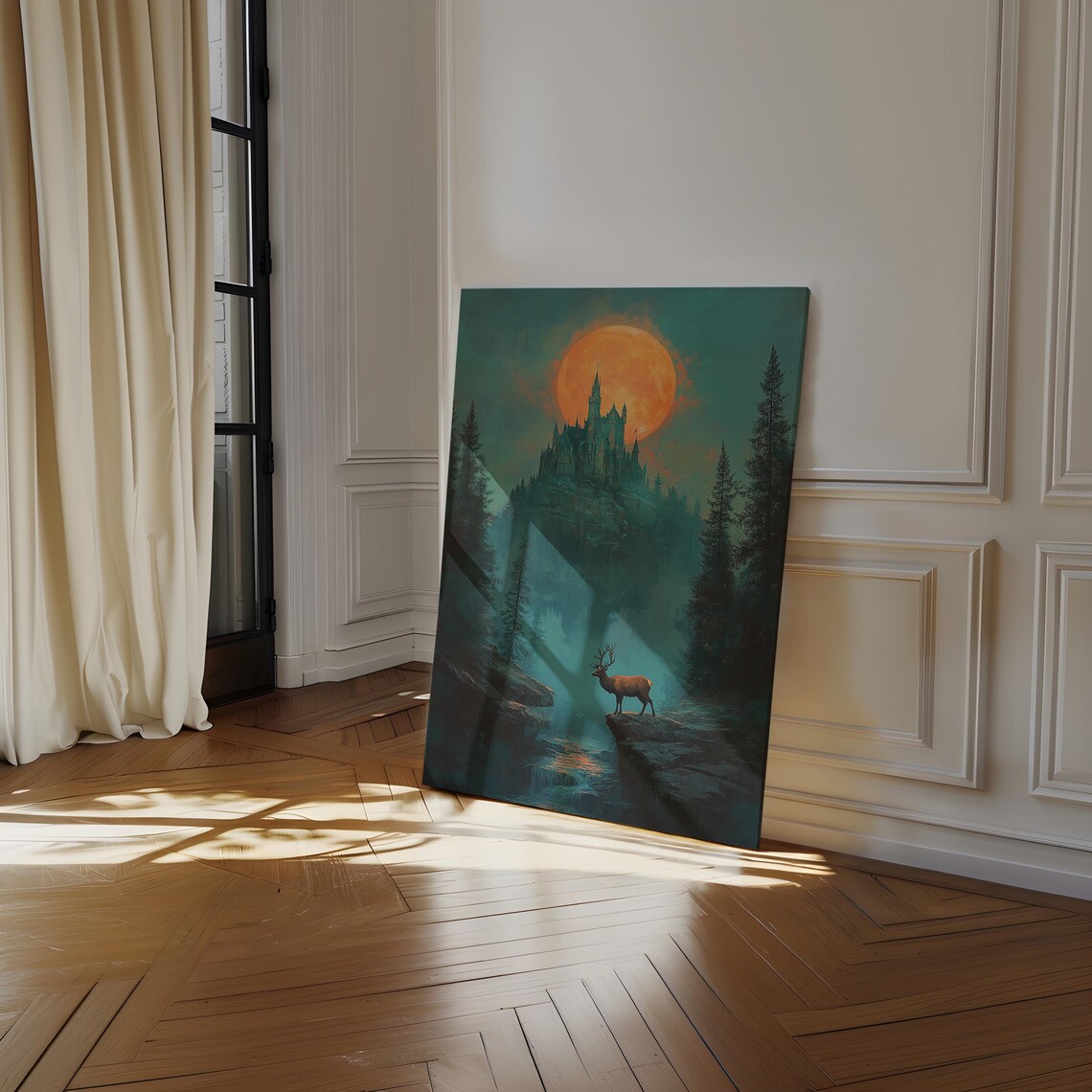 Moonlit Castle On Misty Cliff With Elk Epic Fantasy Night Poster - Image 3