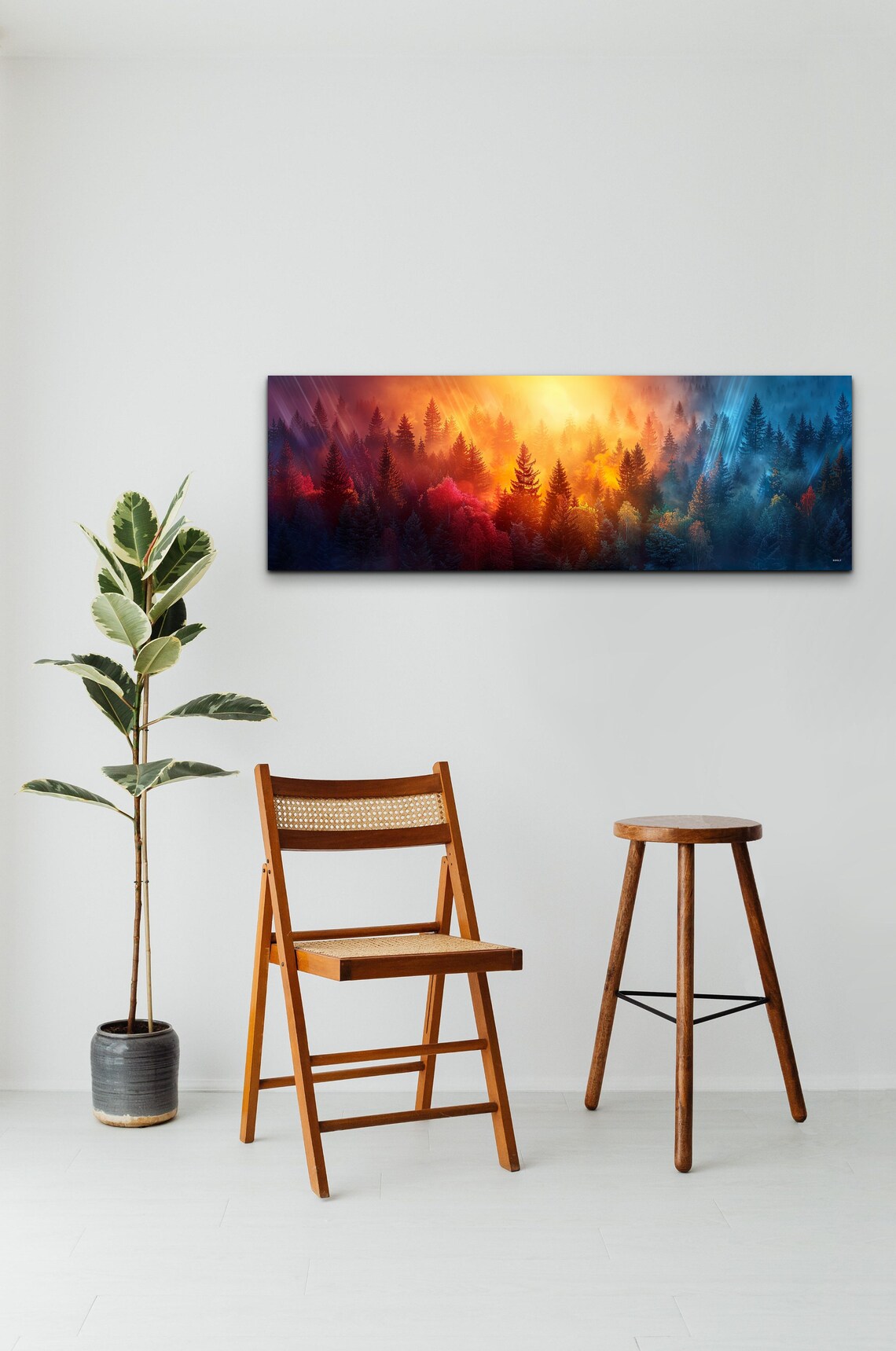 Vibrant Sunrise Through Misty Pine Forest Sunbeams Nature Art Poster - Image 4