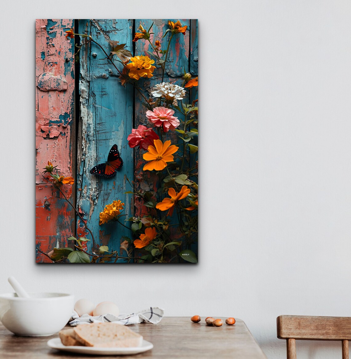 Weathered Blue Wood Floral Butterfly Garden Botanical Wall Art - Image 3