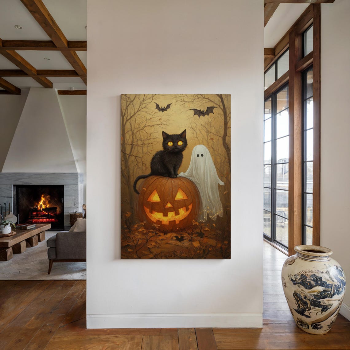Halloween Black Cat Ghost Pumpkin Spooky Woods Vintage Wall Print - Image 4