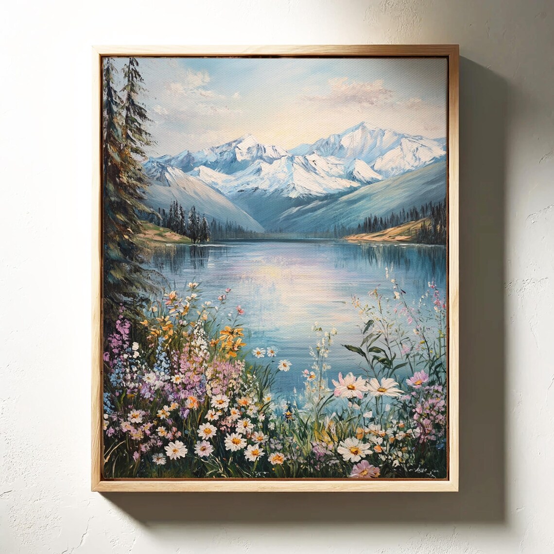 Snowy Mountain Lake With Wildflowers Serene Alpine Scene Wall Art - Image 5
