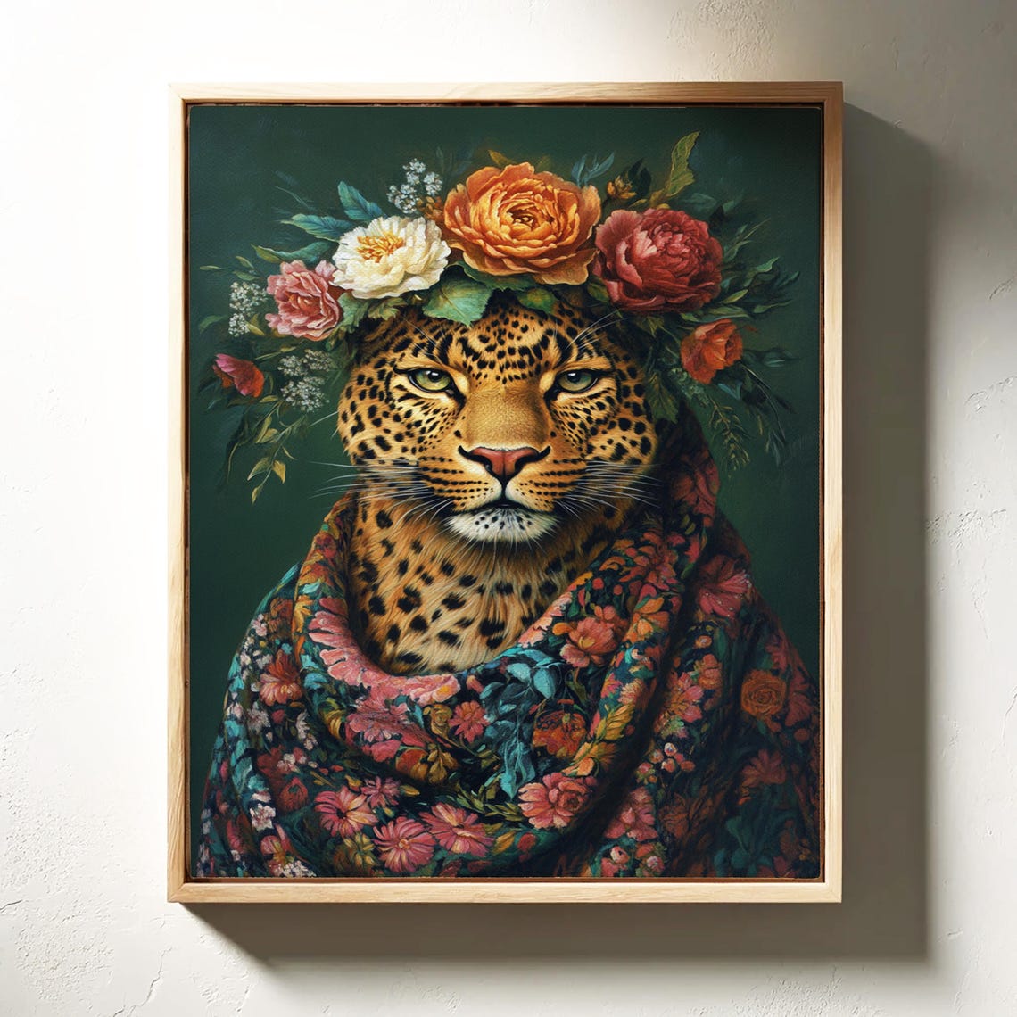 Leopard Wearing Floral Crown And Blooming Shawl Regal Portrait Poster - Image 6