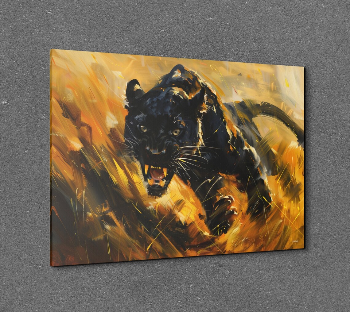Charging Black Panther Golden Brushwork Fierce Animal Poster - Image 3