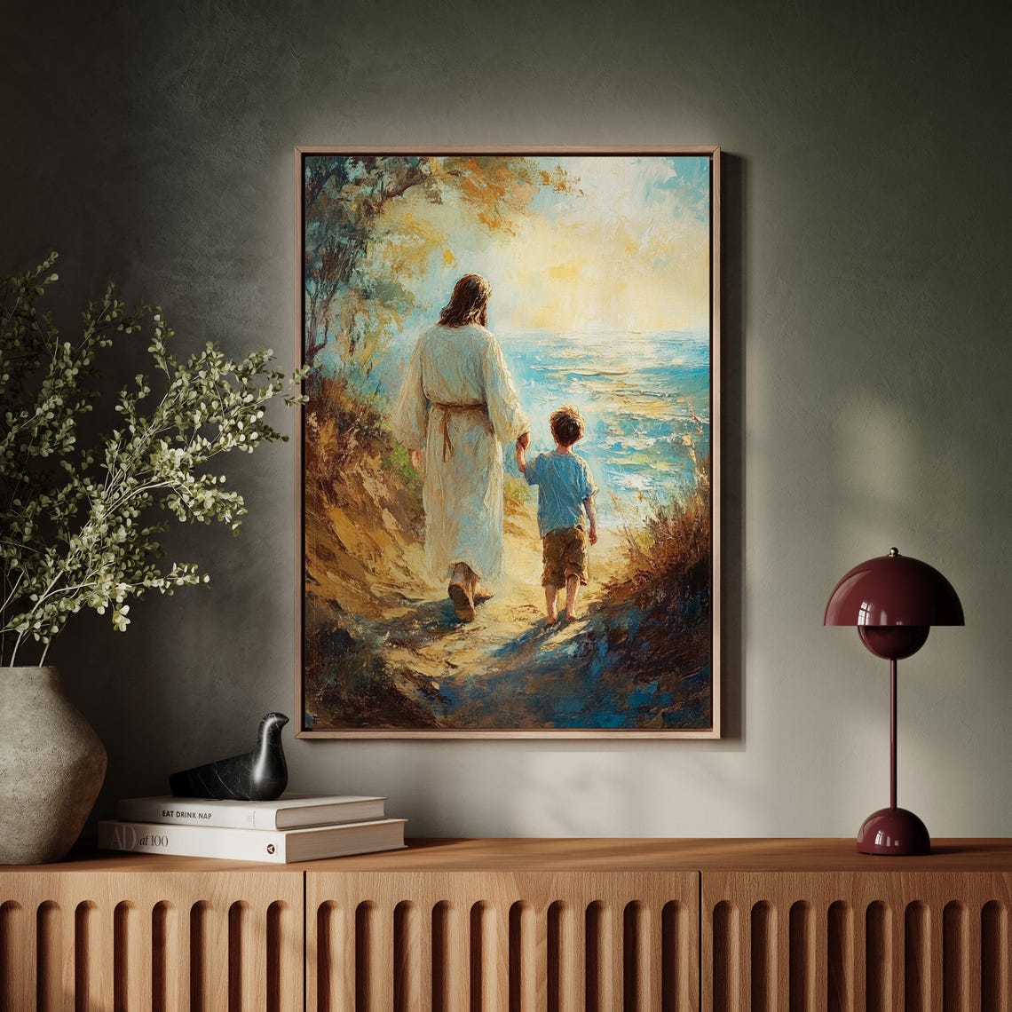 Jesus Holding a Boy's Hand Walking Toward the Sea at Sunset Poster - Image 4