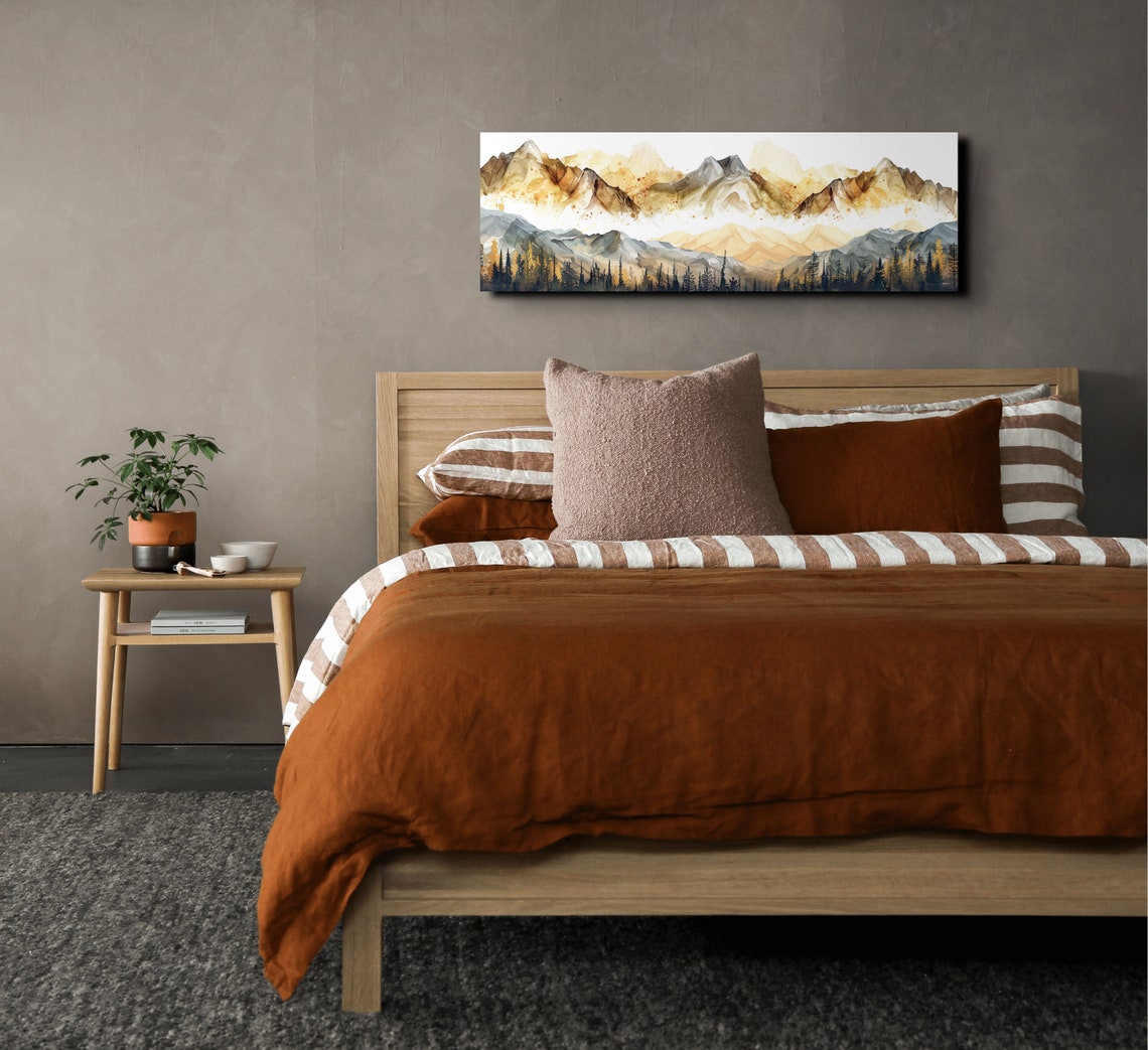 Mist Covered Mountains Gray Gold Panoramic Watercolor Poster - Image 4