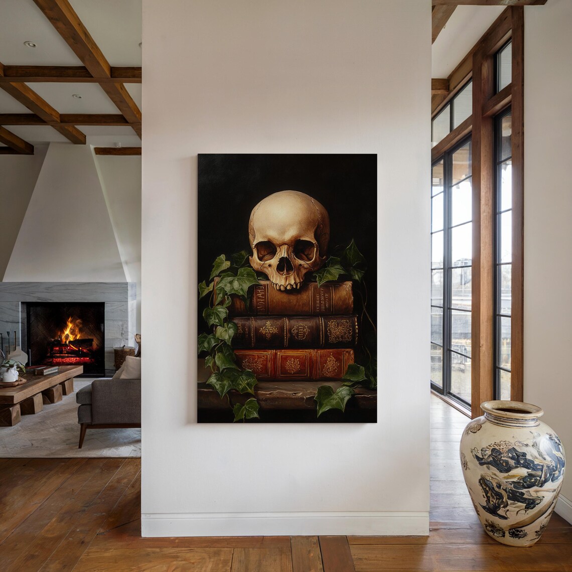 Vintage Skull On Antique Books With Ivy Dark Academia Still Life Wall Art - Image 4