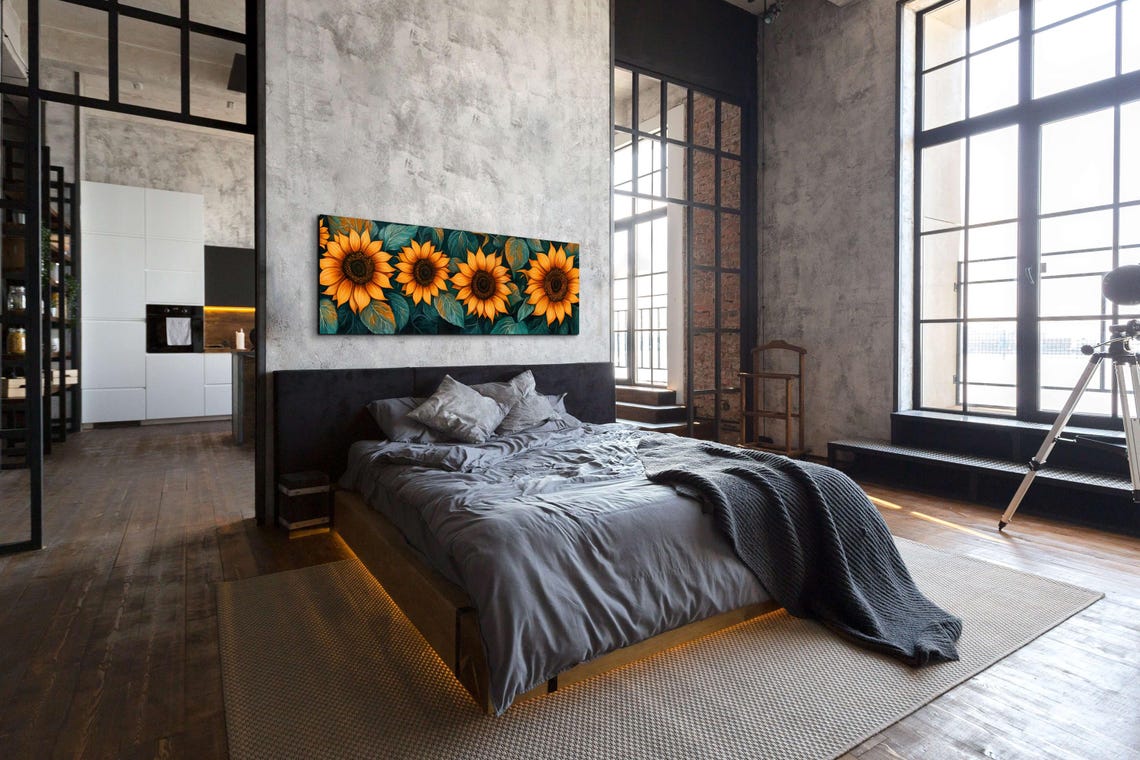 Bold Sunflowers On Teal Leaves Painterly Floral Panorama Poster - Image 6