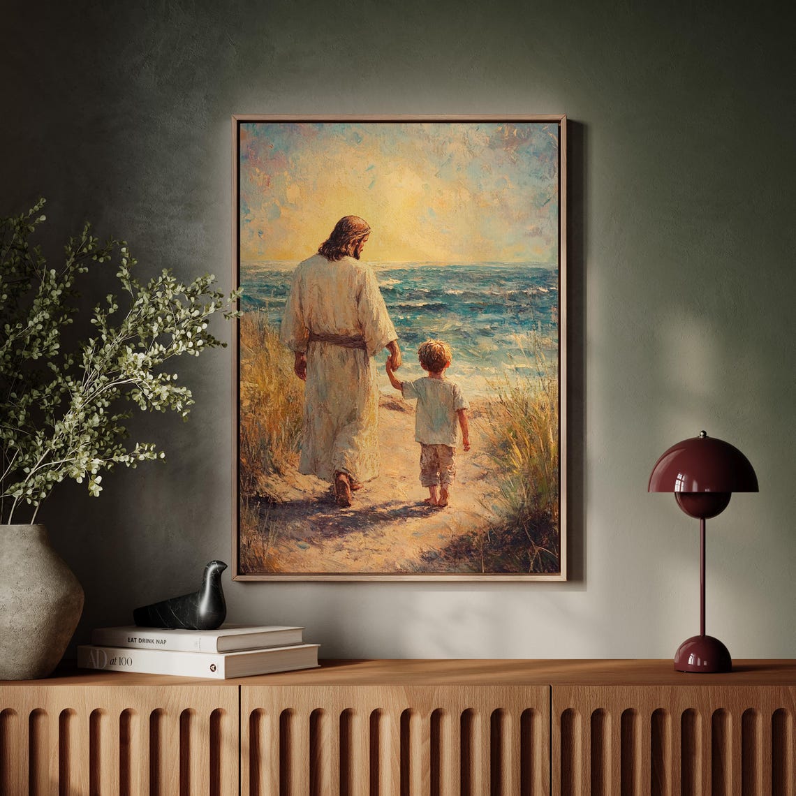 Jesus Walking With Child Sunset Ocean Path Christian Art Poster - Image 5