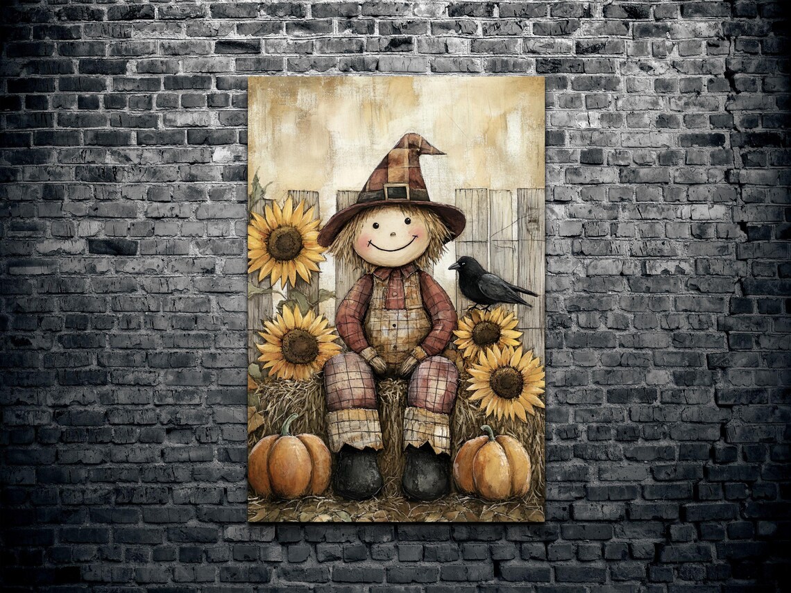 Vintage Scarecrow Doll With Sunflowers Crow and Pumpkins for Fall Decor Poster - Image 2