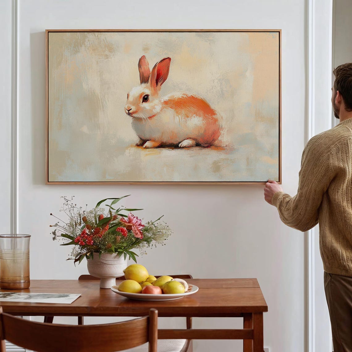 White Bunny with Soft Orange Tones in Pastel Painting Poster