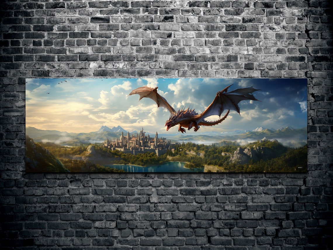 Dragon Flying Over Fantasy Castle Kingdom Panoramic Art Poster - Image 2