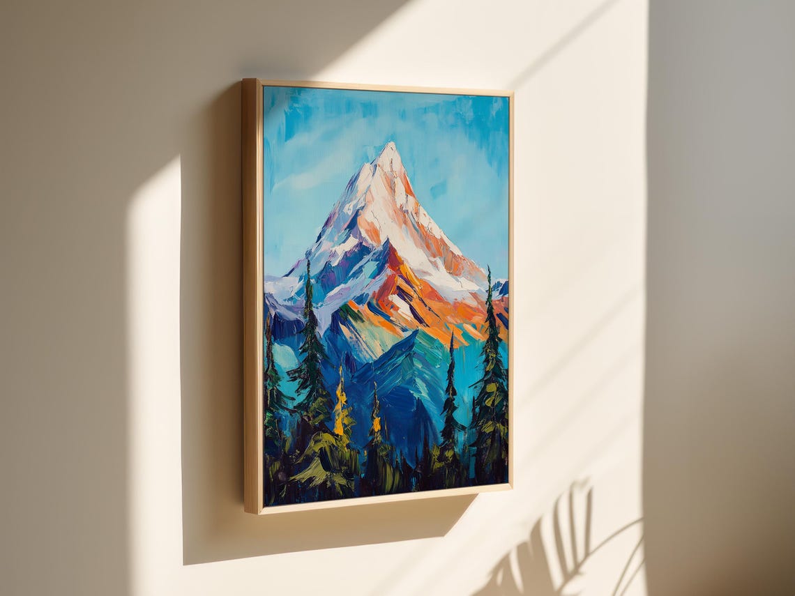 Vibrant Mountain Peak Wall Art Abstract Snowy Summit Painting Bold Nature Landscape For Home Or Office - Image 3