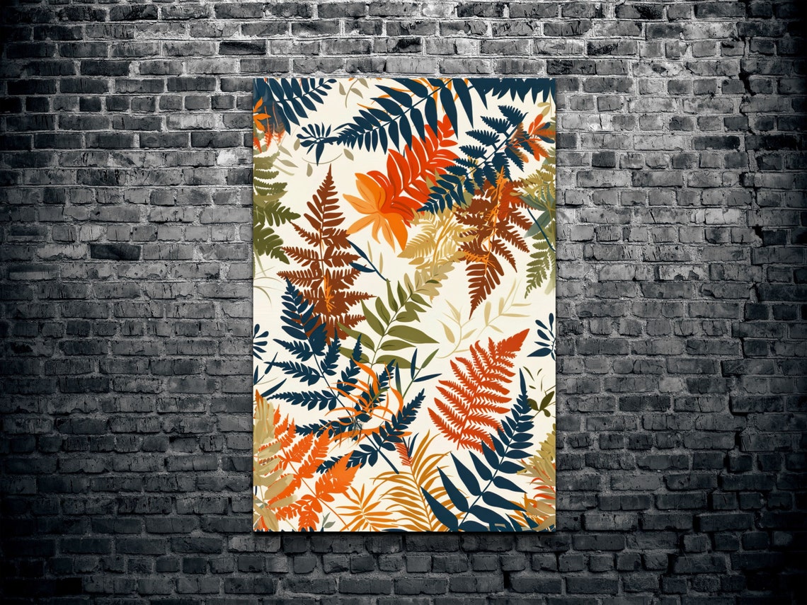 Navy and Rust Fern Botanical Pattern Modern Leaf Art Wall Print - Image 2