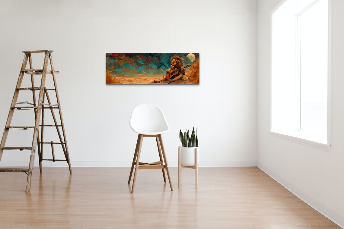 Lion Playing Guitar Under Full Moon In Dreamy Cosmic Desert Panoramic Print - Image 5