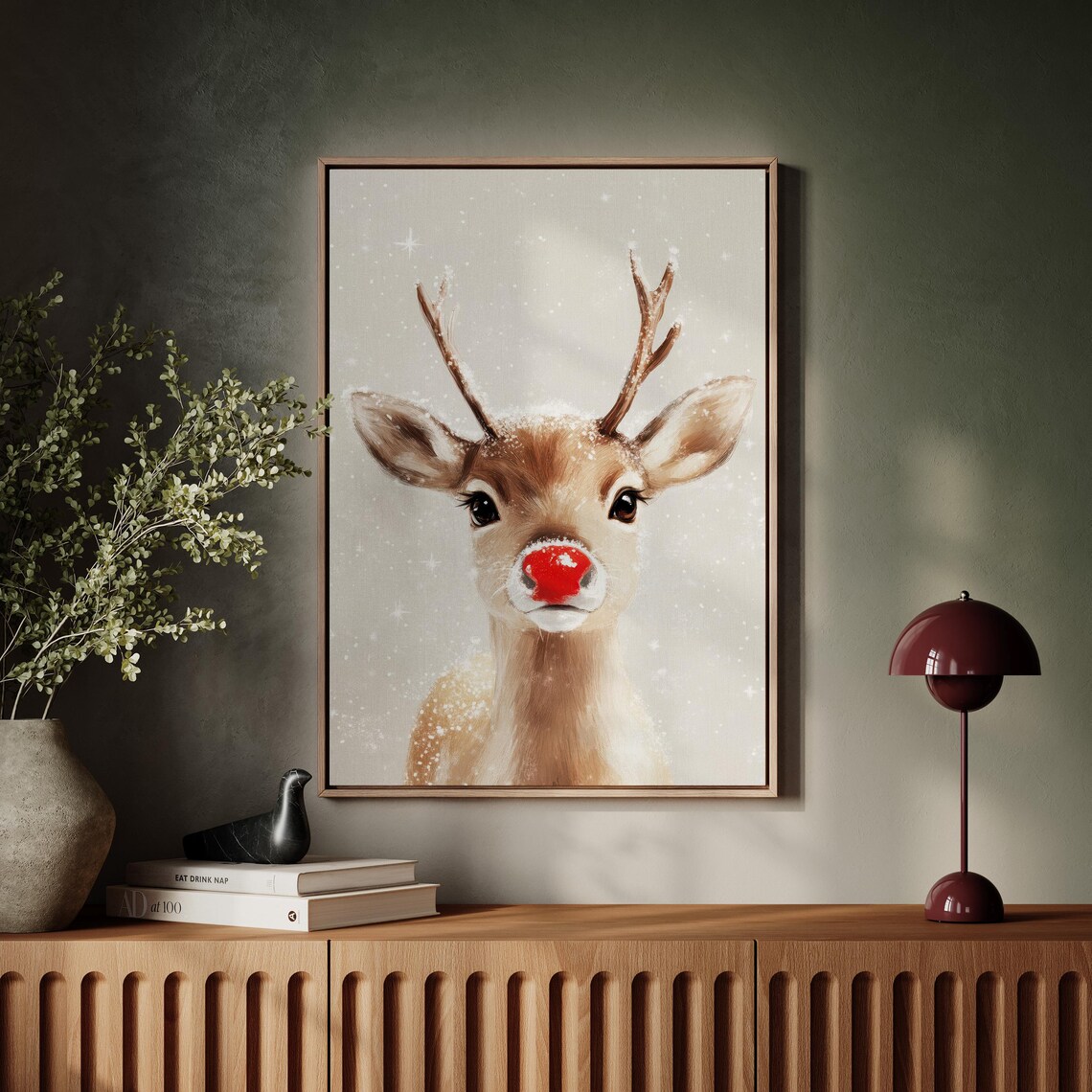 Red Nosed Reindeer Christmas Farmhouse Wall Art Print - Image 3