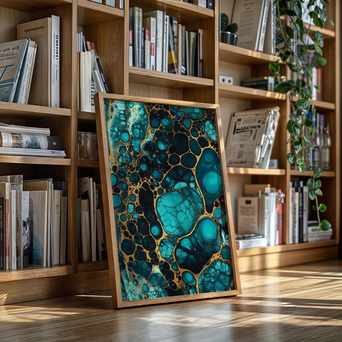 Teal and Gold Fluid Abstract Marble Cells Metallic Accents Art Poster