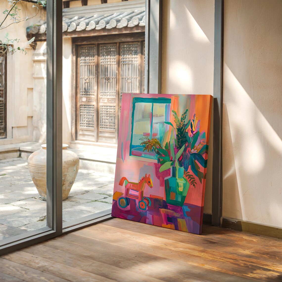 Vibrant Toy Horse and Flower Vase by Window Still Life Poster