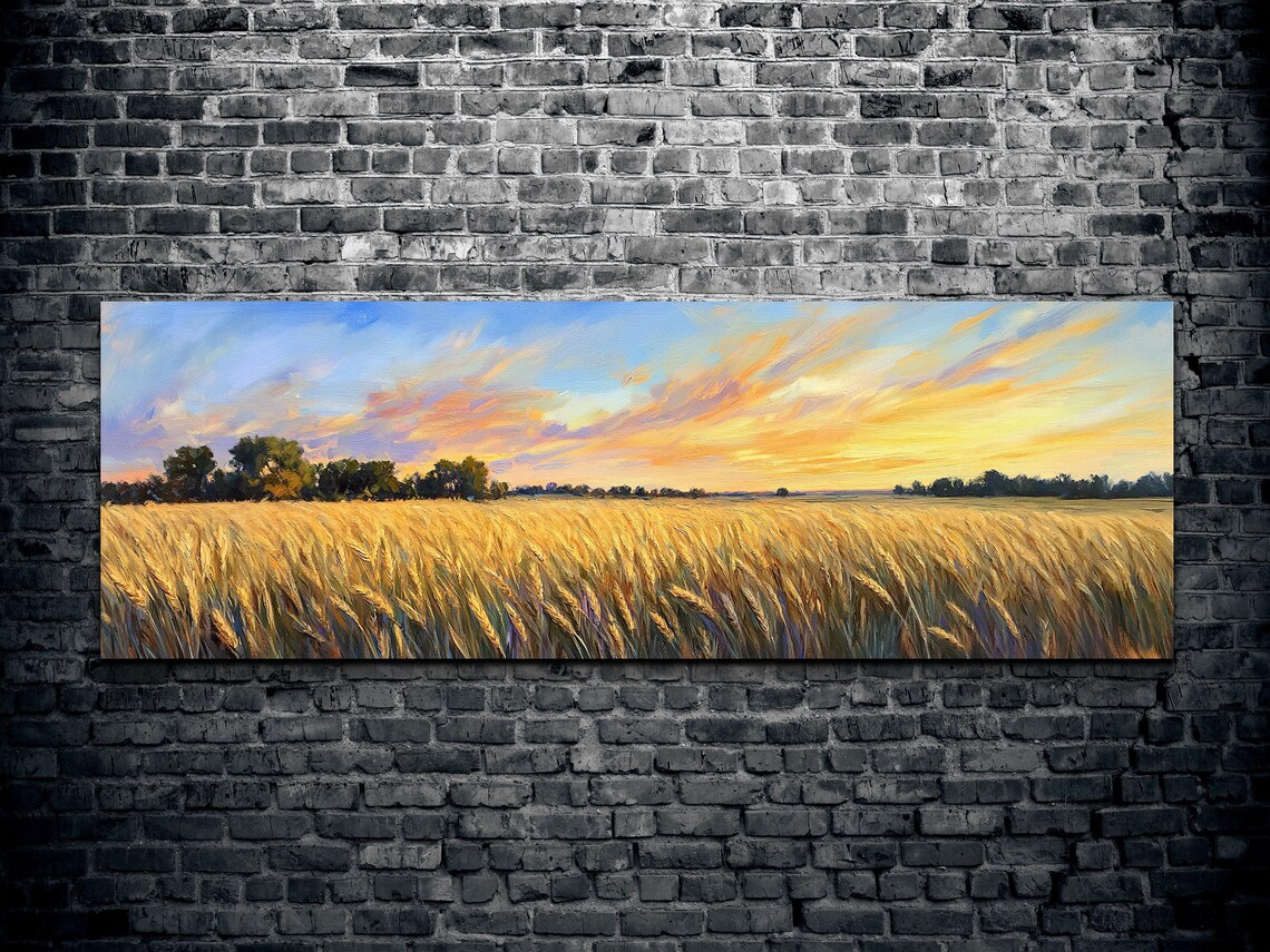 Serene Wheat Landscape, Tranquil Panorama Art - Image 2