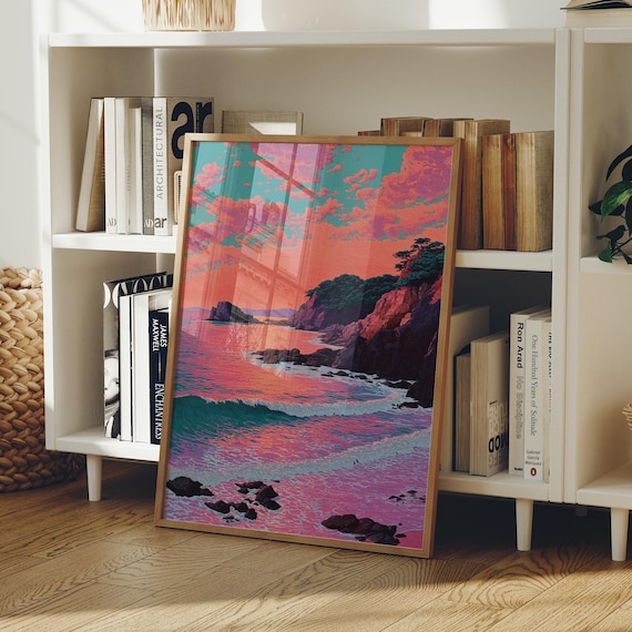 Pink Sunset Ocean Cliffs Bold Colorful Coastal Sunset Wall Art