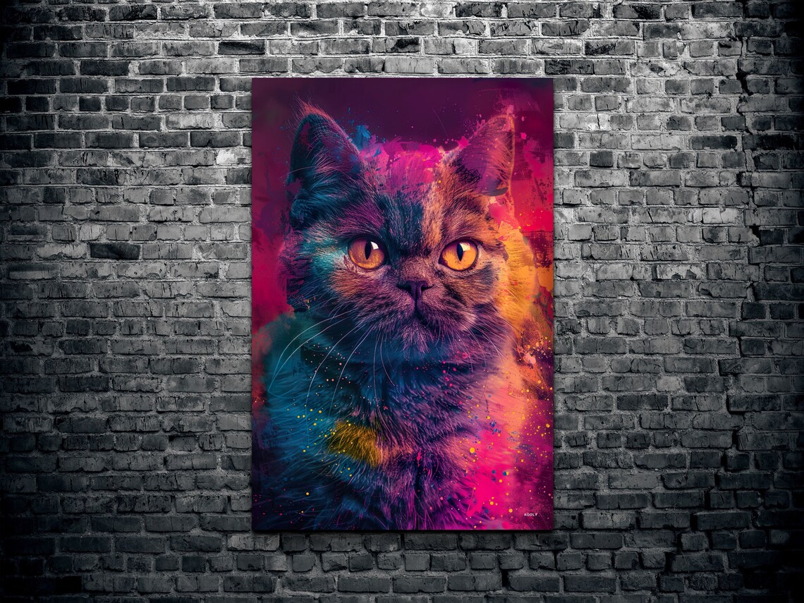 Cat Portrait with Neon Magenta and Orange Paint Splashes Wall Art - Image 2