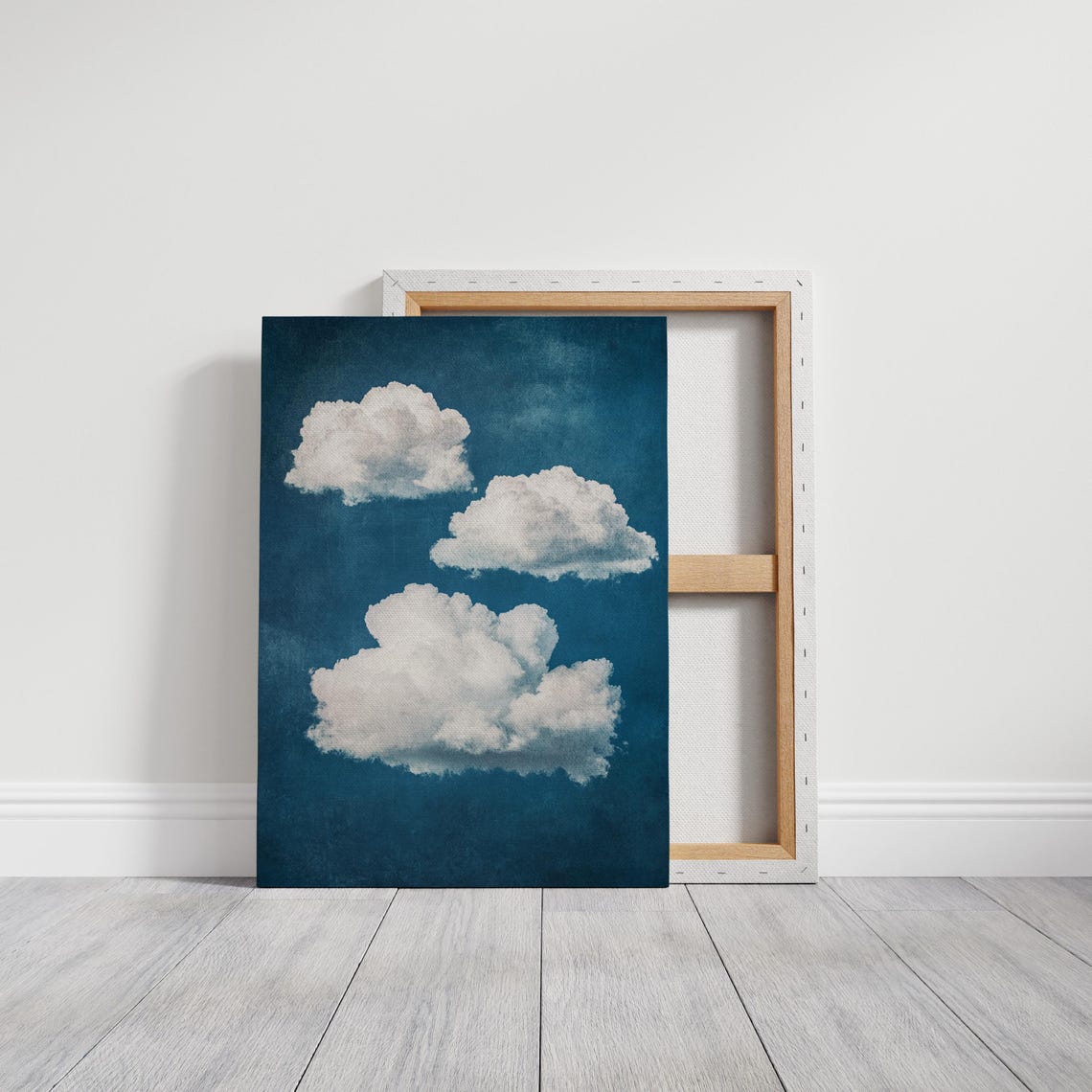 Three White Clouds On Deep Blue Vintage Textured Sky Art Poster - Image 3