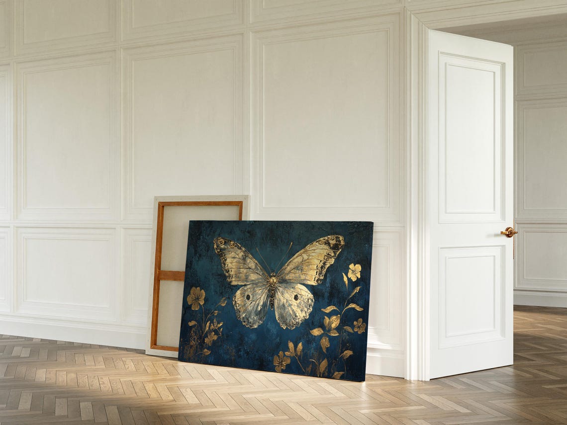 Antique Gold Butterfly Navy Blue Floral Vintage Wall Decor Poster - Image 3