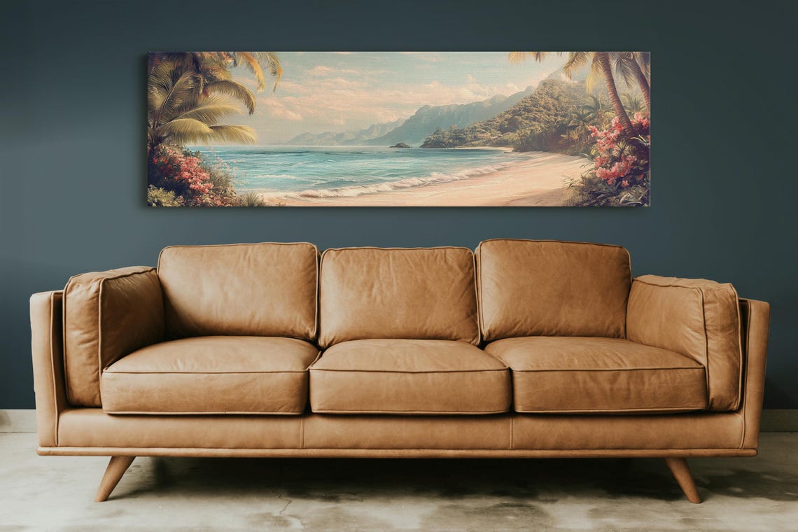 Tropical Beach Art Vintage Coastal Landscape Print Palm Trees Ocean Wall Decor Island Paradise Panoramic Painting - Image 2