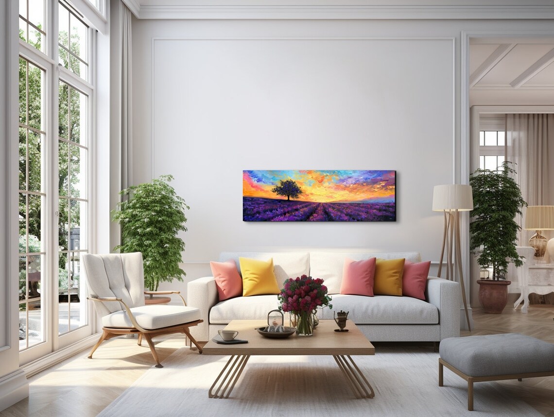 Golden Sunset Lavender Fields Blazing Sky Oil Painting Wall Poster - Image 7