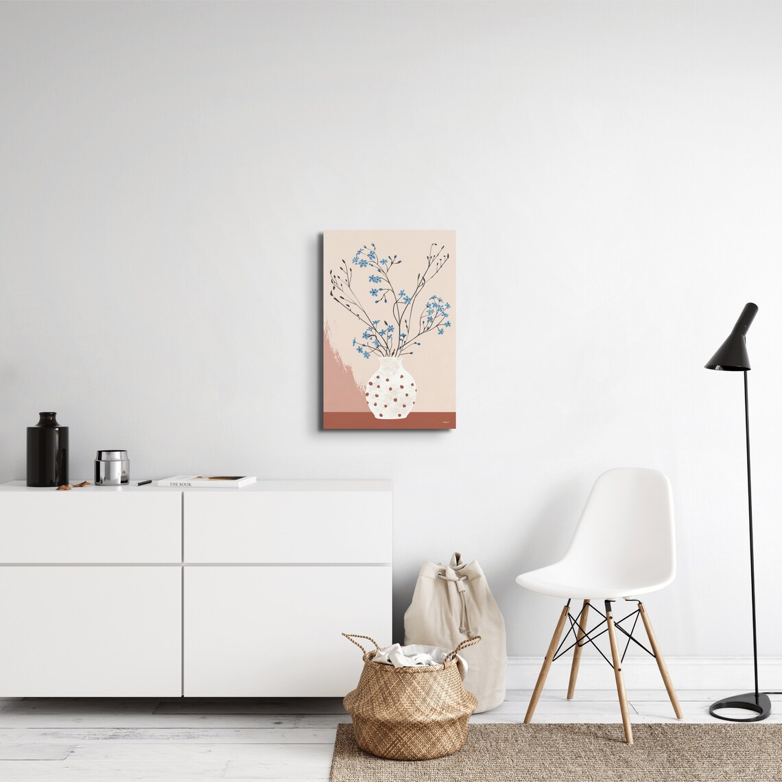 Delicate Blue Blooms in Dotted White Vase Blush Minimalist Art Poster - Image 7