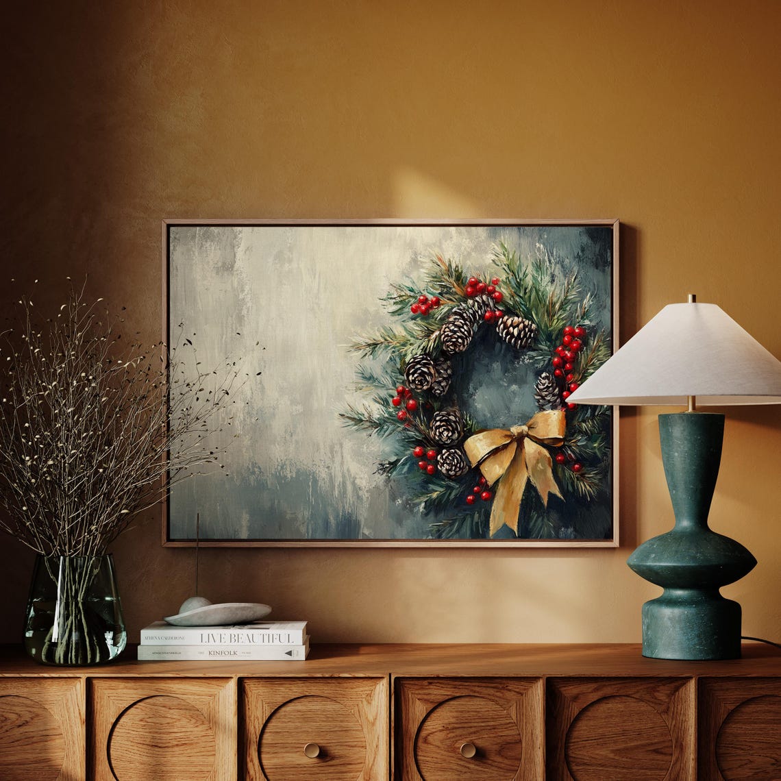 Festive Christmas Wreath With Pinecones Berries And Gold Bow Poster - Image 4
