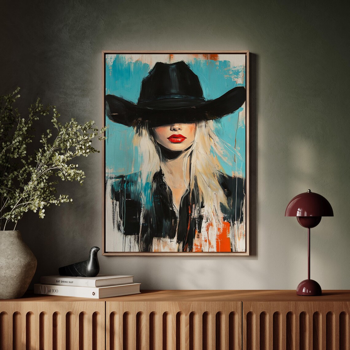 Blonde Cowgirl in Black Hat Abstract Teal Portrait Painting Poster - Image 5