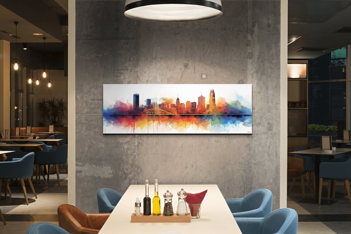 Pittsburgh Skyline Watercolor Poster With Colorful River Reflections - Image 5