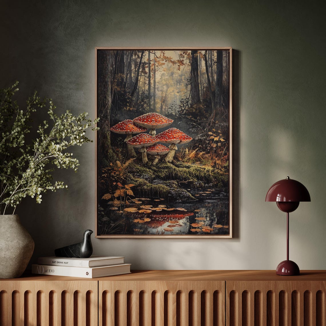 Red Fly Agaric Mushrooms by a Still Forest Pond Reflections Poster - Image 7