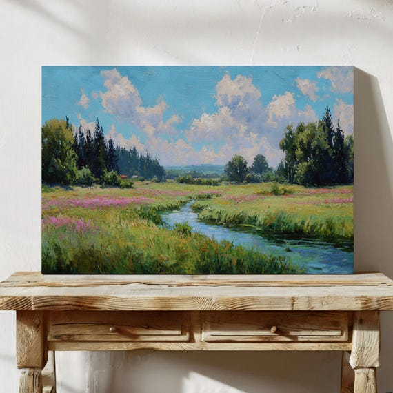Countryside Meadow Canvas Wall Art Serene River Flowing Through Green Fields With Wildflowers Blue Sky Rustic Landscape Dcor