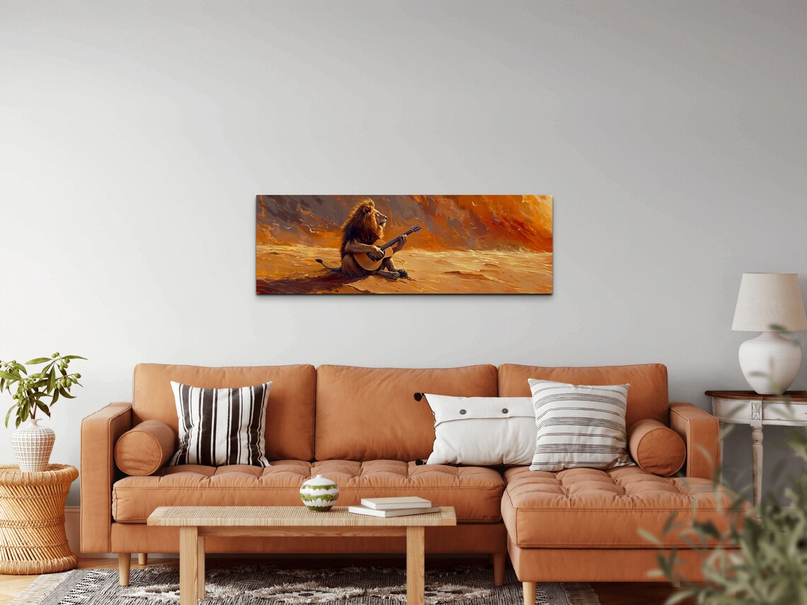 Lion Strumming Guitar In Blazing Orange Desert Sunset Panoramic Poster - Image 7