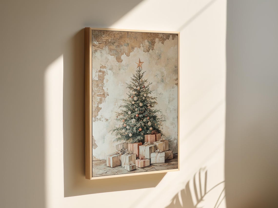 Rustic Christmas Tree With Vintage Ornaments and Gift Boxes Poster