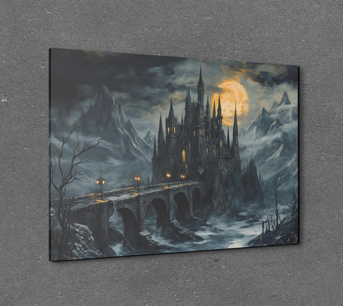 Moonlit Gothic Dracula Castle With Arched Lantern Bridge Poster - Image 7