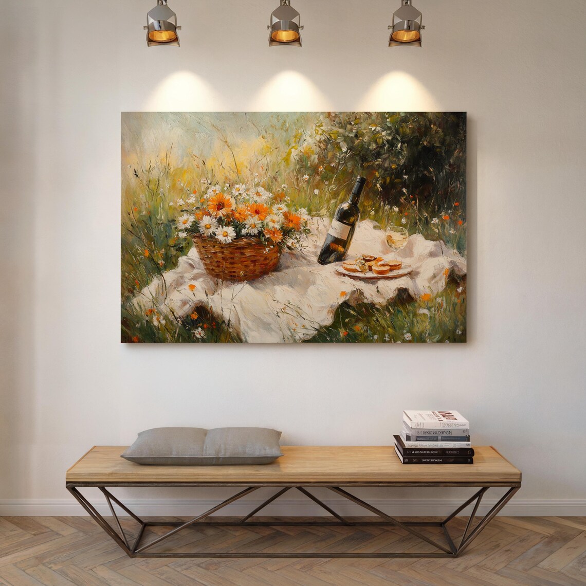 Meadow Picnic Basket Of Wildflowers Wine And Snacks Wall Art - Image 6