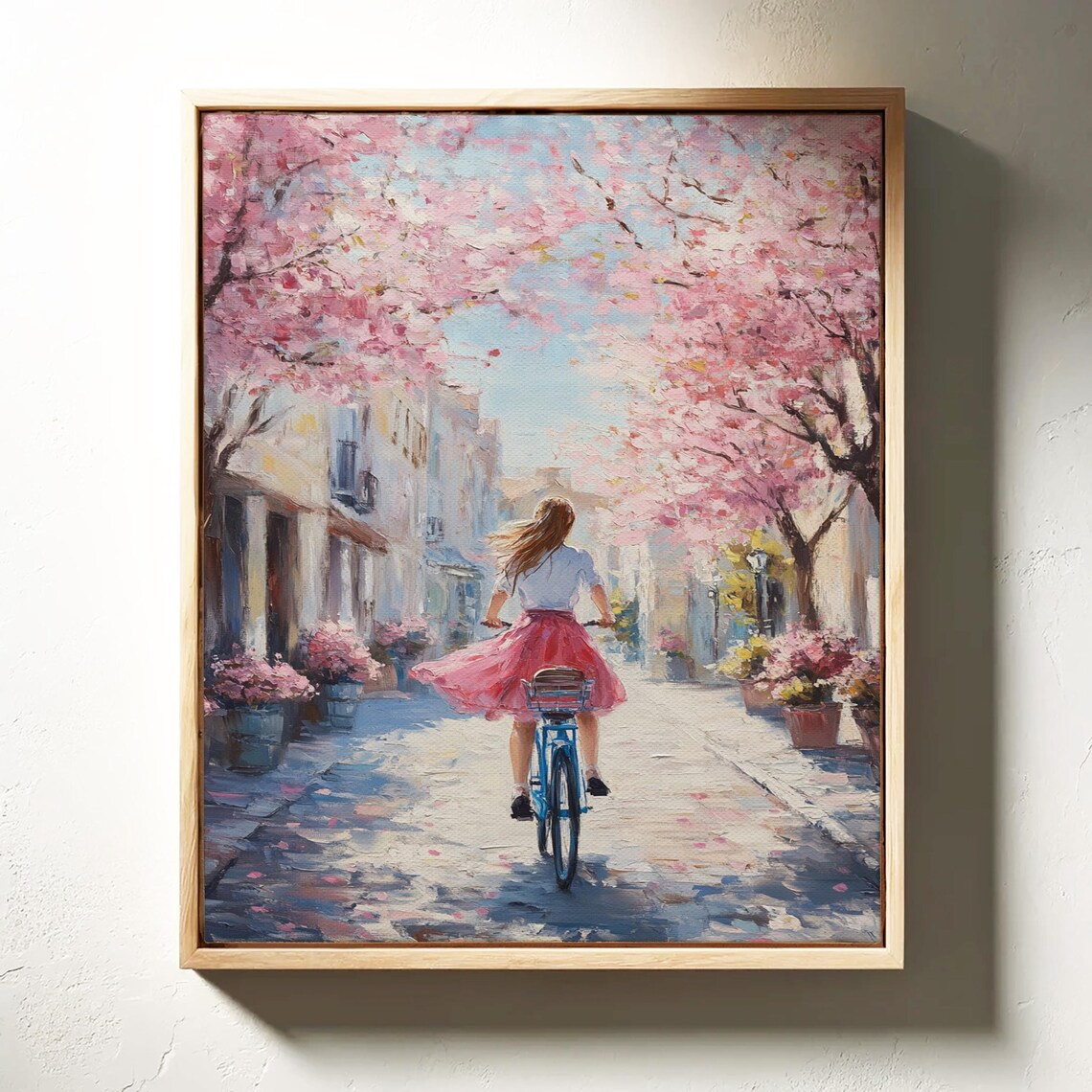 Girl on Bicycle Under Cherry Blossom Trees Pink Spring Street Wall Art - Image 5