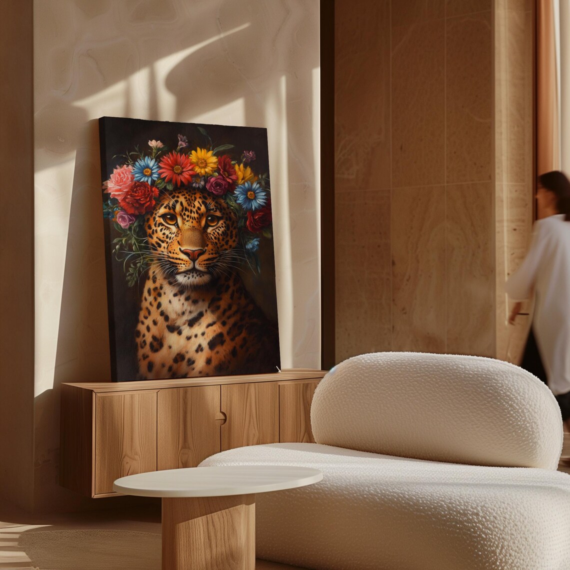 Leopard Portrait Wearing Vibrant Flower Crown Dark Floral Poster - Image 5