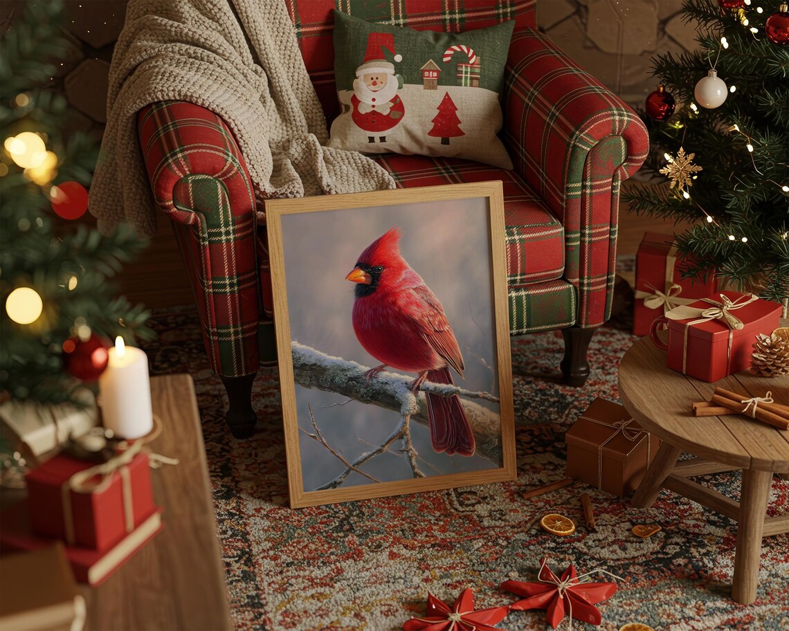 Red Cardinal Winter Bird Art Print, Rustic Holiday