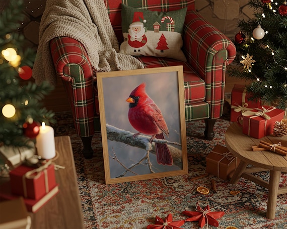 Red Cardinal Winter Bird Art Print, Rustic Holiday