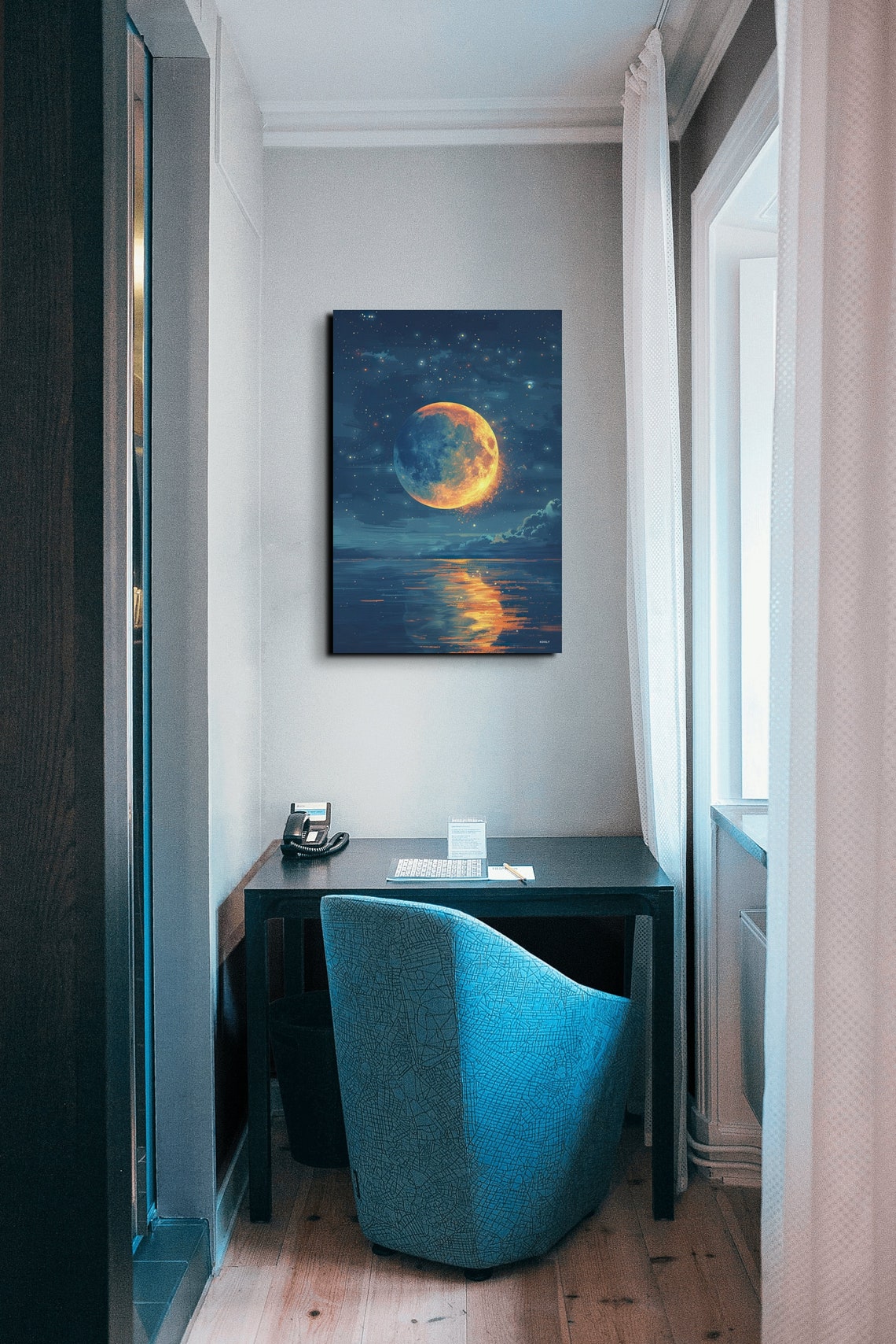 Blood Orange Full Moon Rising Ocean Reflection Starry Night Poster - Image 5