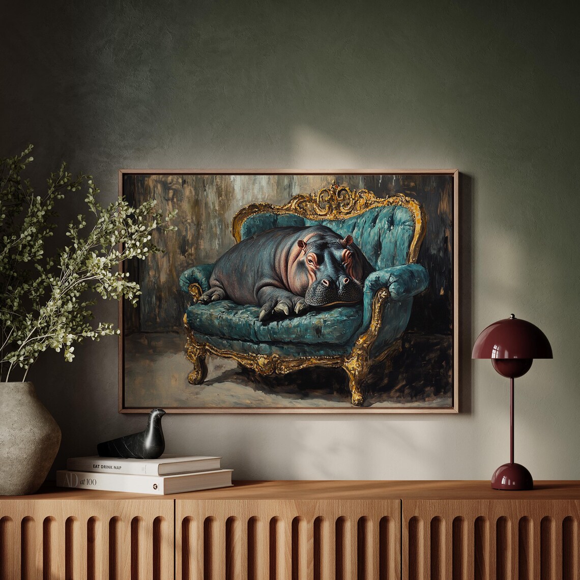 Regal Hippo On Ornate Sofa Wall Art Print - Image 3