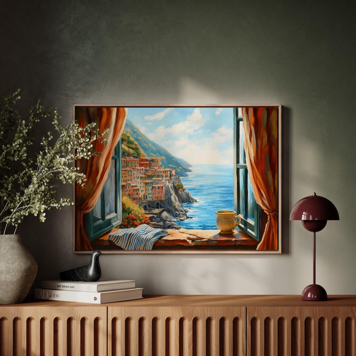 Colorful Coastal Village Sea View Through Open Window Poster - Image 4